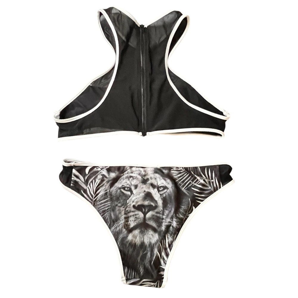 NEW We Are Handsome Bikini Set Tropical Palms Lion Print Black White Sz M/L NWT
